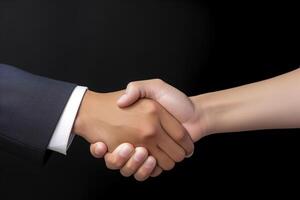 Business agreement handshake hand gesture on dark background. photo