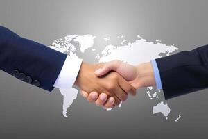 Business agreement handshake hand gesture with a world map in the background. photo