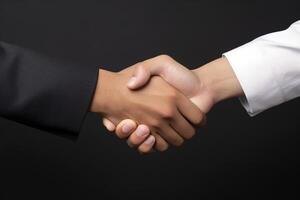 Business agreement handshake hand gesture on dark background. photo