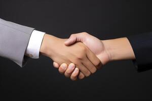 Business agreement handshake hand gesture on dark background. photo