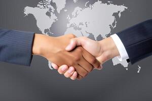 Business agreement handshake hand gesture with a world map in the background. photo