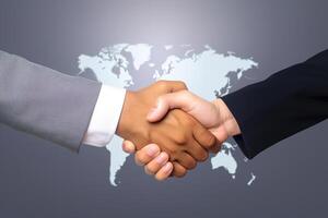 Business agreement handshake hand gesture with a world map in the background. photo