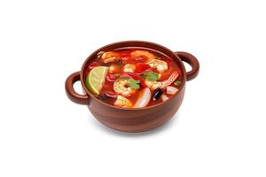 Delicious a bowl of Thai soup Tom Yam Kung with shrimps and clams isolated on white background. photo