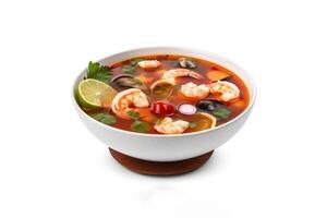 Delicious a bowl of Thai soup Tom Yam Kung with shrimps and clams isolated on white background. photo