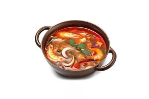 Delicious a bowl of Thai soup Tom Yam Kung with shrimps and clams isolated on white background. photo
