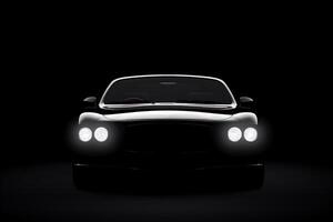 frente ver oscuro silueta de un moderno lujo negro coche aislado en negro antecedentes. ai generado foto