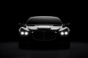 Front view dark silhouette of a modern luxury black car isolated on black background. photo