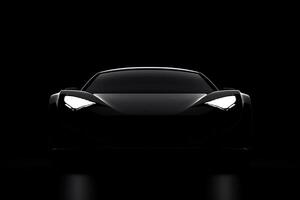 frente ver oscuro silueta de un moderno deporte negro coche aislado en negro antecedentes. ai generado foto