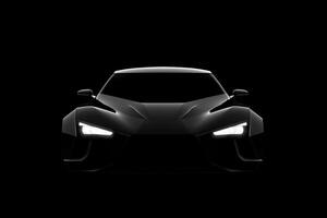 Front view dark silhouette of a modern sport black car isolated on black background. photo