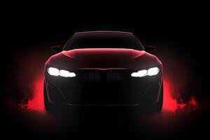 Front view dark silhouette of a modern luxury red car isolated on dark background with red neon light and smoke. photo