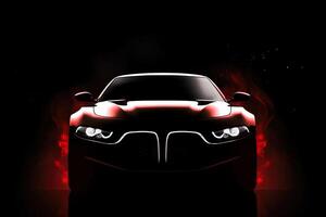 Front view dark silhouette of a modern luxury red car isolated on dark background with red neon light and smoke. photo
