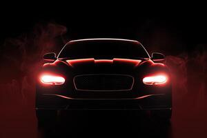 Front view dark silhouette of a modern luxury red car isolated on dark background with red neon light and smoke. photo