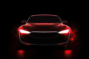 Front view dark silhouette of a modern luxury red car isolated on dark background with red neon light and smoke. photo