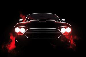 Front view dark silhouette of a modern luxury red car isolated on dark background with red neon light and smoke. photo