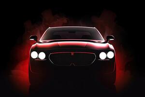 Front view dark silhouette of a modern luxury red car isolated on dark background with red neon light and smoke. photo