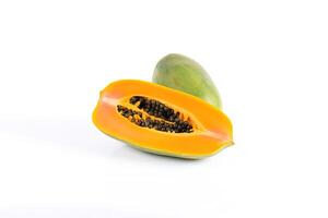 Fresh whole and sliced papaya fruits isolated on white background. photo