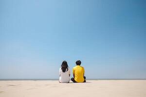 un Pareja sentado en un playa. dulce Pareja contento relajarse disfrutar amor y romántico momento. ai generado foto