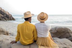 a couple sitting on a beach. sweet couple happy relax enjoy love and romantic moment. photo