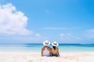 a couple sitting on a beach. sweet couple happy relax enjoy love and romantic moment. photo