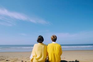 a couple sitting on a beach. sweet couple happy relax enjoy love and romantic moment. photo