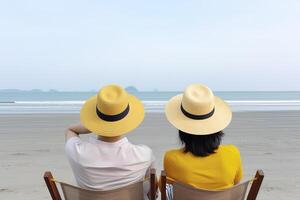 a couple sitting on a beach. sweet couple happy relax enjoy love and romantic moment. photo