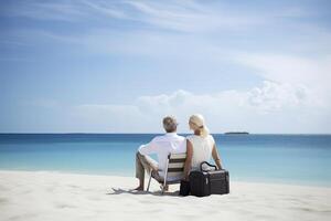 a couple sitting on a beach. sweet couple happy relax enjoy love and romantic moment. photo