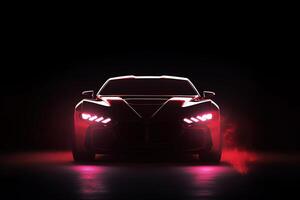 Front view dark silhouette of a modern sport red car isolated on dark background with red neon light and smoke. photo