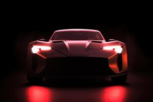 Front view dark silhouette of a modern sport red car isolated on dark background with red neon light and smoke. photo