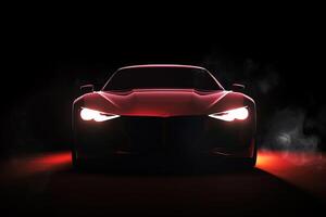 Front view dark silhouette of a modern sport red car isolated on dark background with red neon light and smoke. photo