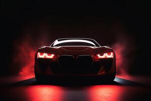 Front view dark silhouette of a modern sport red car isolated on dark background with red neon light and smoke. photo