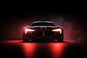 Front view dark silhouette of a modern sport red car isolated on dark background with red neon light and smoke. photo