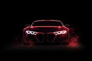 Front view dark silhouette of a modern sport red car isolated on dark background with red neon light and smoke. photo