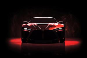 Front view dark silhouette of a modern sport red car isolated on dark background with red neon light and smoke. photo