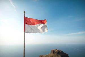 Indonesia nacional bandera ondulación en el azul cielo en el Oceano antecedentes. rojo y blanco bandera con nubes ai generado foto