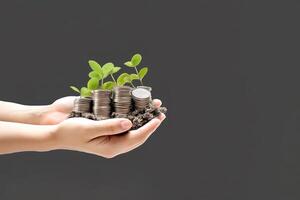 Growth finance concept. Plant growing on the coin in hand for wealth saving money and investment success on black background. photo