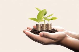 Growth finance concept. Plant growing on the coin in hand for wealth saving money and investment success. photo