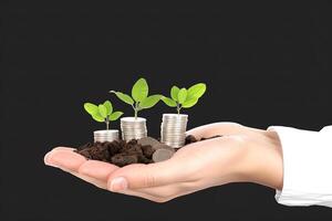Growth finance concept. Plant growing on the coin in hand for wealth saving money and investment success on black background. photo