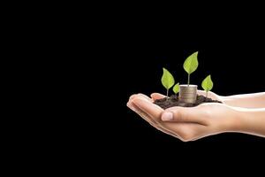 Growth finance concept. Plant growing on the coin in hand for wealth saving money and investment success on black background. photo