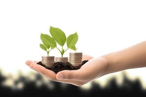 Growth finance concept. Plant growing on the coin in hand for wealth saving money and investment success. photo