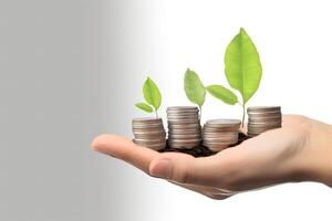Growth finance concept. Plant growing on the coin in hand for wealth saving money and investment success. photo