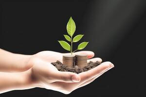 Growth finance concept. Plant growing on the coin in hand for wealth saving money and investment success on black background. photo