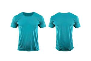 Photo realistic male cyan color t-shirts with copy space, front and back view.