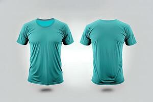 Photo realistic male cyan color t-shirts with copy space, front and back view.