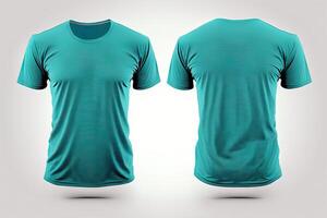 Photo realistic male cyan color t-shirts with copy space, front and back view.