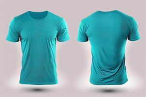 Photo realistic male cyan color t-shirts with copy space, front and back view.