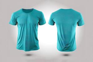 Photo realistic male cyan color t-shirts with copy space, front and back view.