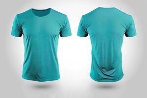 Photo realistic male cyan color t-shirts with copy space, front and back view.