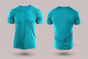 Photo realistic male cyan color t-shirts with copy space, front and back view.