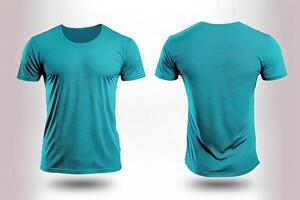 Photo realistic male cyan color t-shirts with copy space, front and back view.