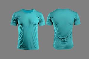 Photo realistic male cyan color t-shirts with copy space, front and back view.